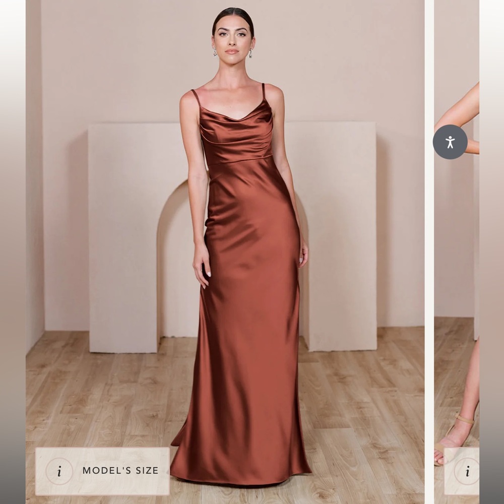 Revelry Size 4 terracotta rust Skye satin dress available. Worn once Dry cleaned